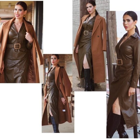 Zara khaki faux leather V-neck belted midi dress lapel collar long sleeve L NWOT - Picture 9 of 16
